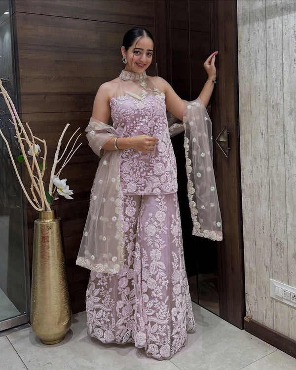 Teeya Creation Cream Colour Butterfly Net Embroidery Work Fully Stitched Pakistani Suit