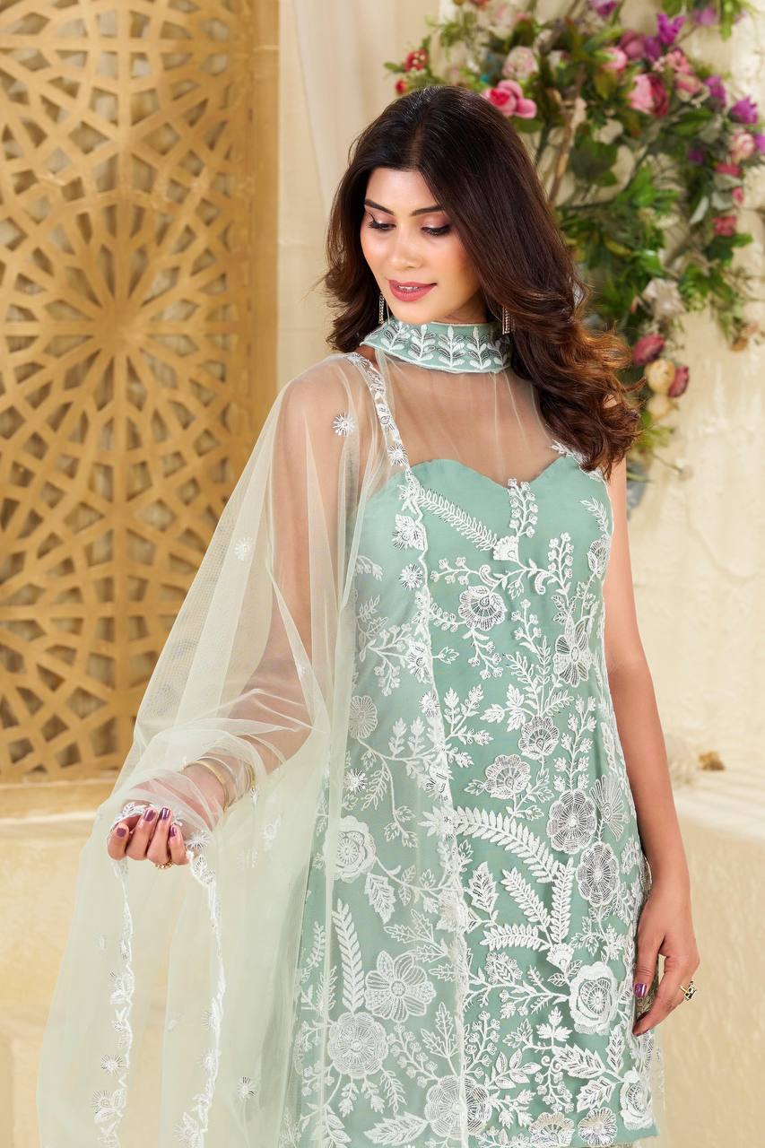 Teeya Creation Pista Colour Butterfly Net Embroidery Work Fully Stitched Pakistani Suit