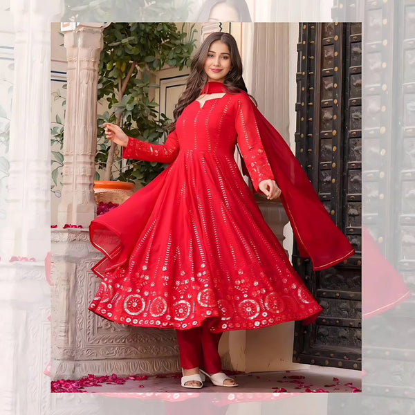 Teeya Creation Red Color Faux Georgette Heavy Embroidery And Sequence Work Anarkali With Pants And Dupatta - Distacart