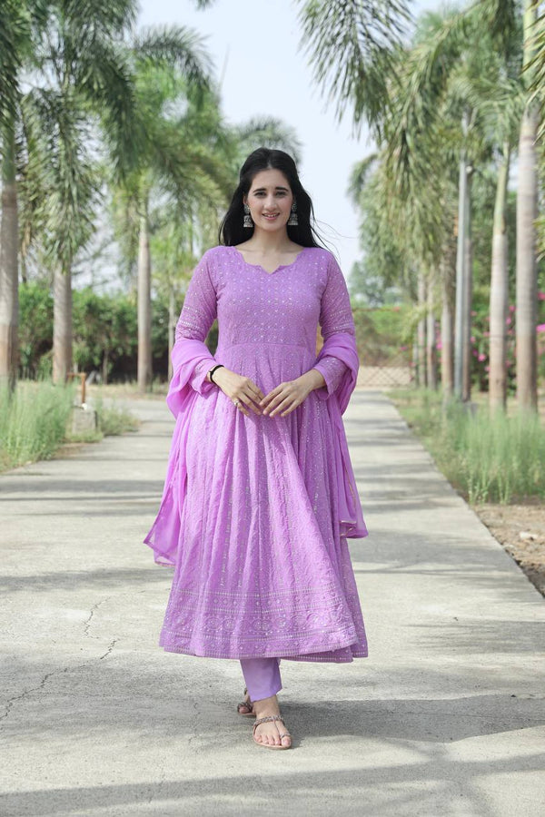 Teeya Creation Purple Color Faux Georgette Heavy Embroidery And Sequence Work Anarkali With Pants And Dupatta - Distacart