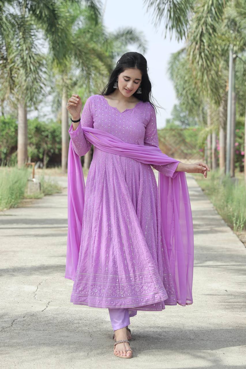 Teeya Creation Purple Color Faux Georgette Heavy Embroidery And Sequence Work Anarkali With Pants And Dupatta - Distacart