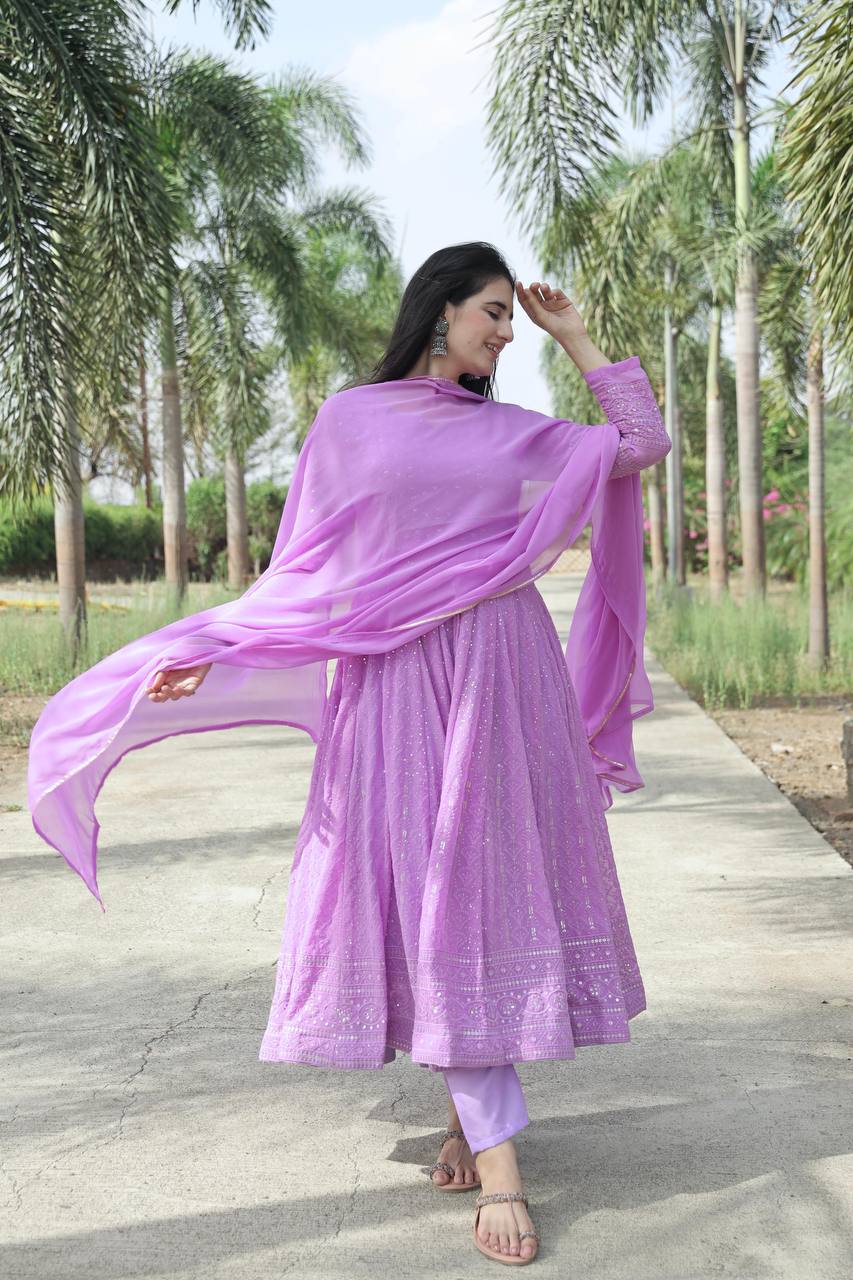 Teeya Creation Purple Color Faux Georgette Heavy Embroidery And Sequence Work Anarkali With Pants And Dupatta - Distacart