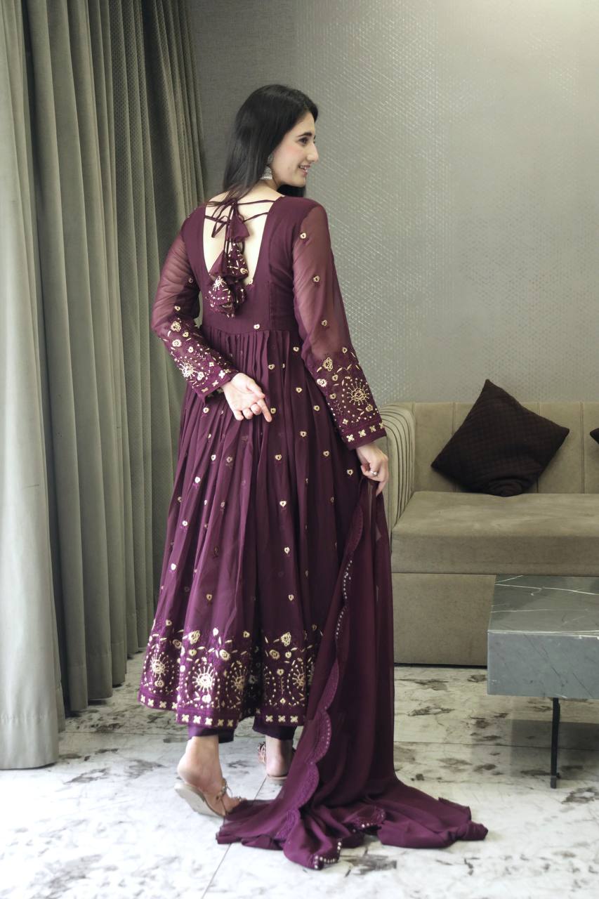 Teeya Creation Wine Color Faux Georgette Heavy Embroidery And Sequence Work Anarkali With Pants And Dupatta - Distacart