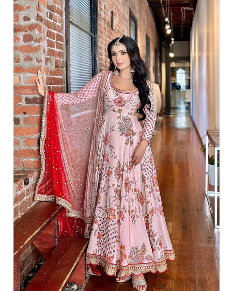 Teeya Creation Pink Colour Faux Georgette Digital Print With Embroidery And Sequence Work Anarkali With Pants And Dupatta - Distacart