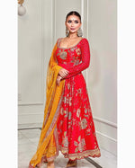 Thumbnail for Teeya Creation Red Colour Georgette Beautiful Digital Print With Embroidery Work Lace Long Gown