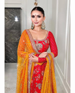 Thumbnail for Teeya Creation Red Colour Georgette Beautiful Digital Print With Embroidery Work Lace Long Gown
