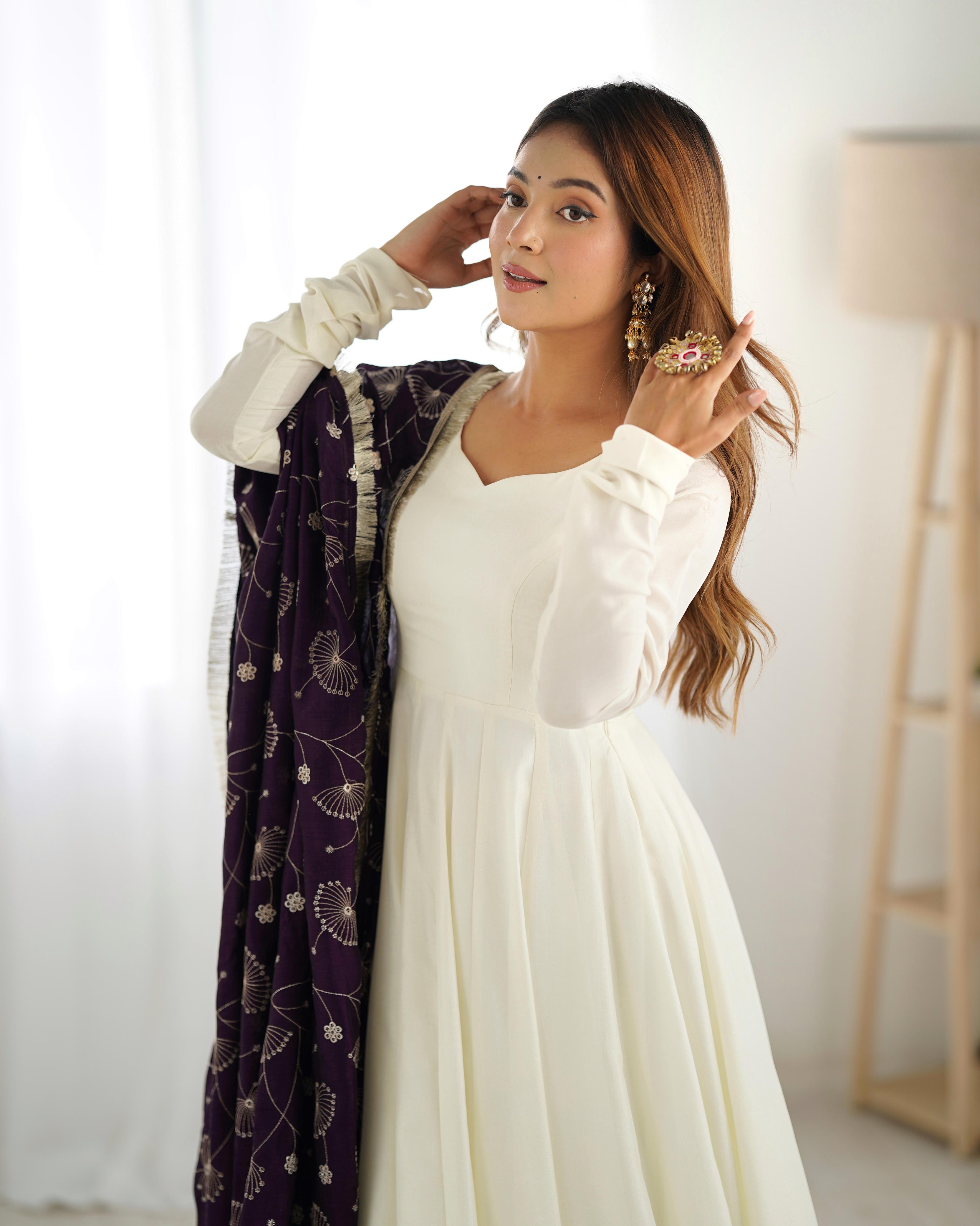 Teeya Creation Off White Color Vichitra Silk Fully Stitched Anarkali Gown - Distacart