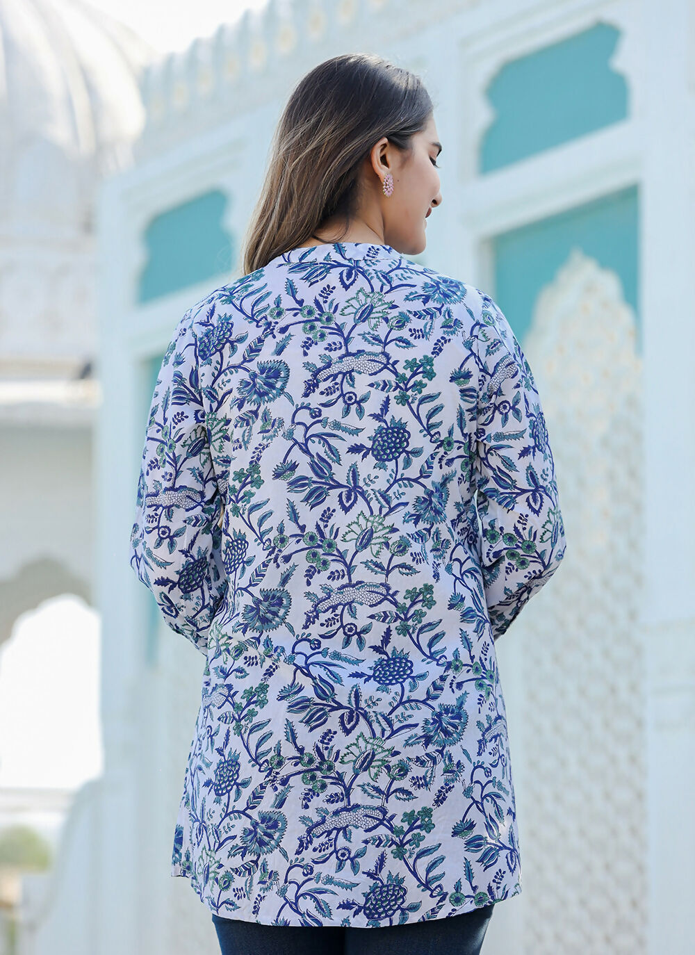 Kaajh Women's White-Blue Hand Block Printed Cotton Top - Distacart