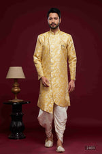 Thumbnail for Raivat Ethnic Banarasi Jacquard Embroidery Semi Indo Western Sherwani In Cream Beige Colour