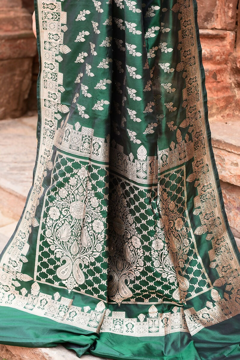 Joban Fashion Emerald Green Banarasi Katan Pure Handloom Banarasi Silk Saree