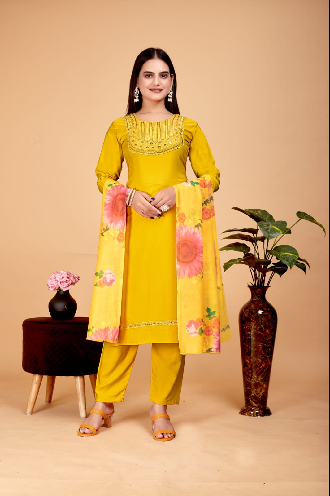 Women's Embroidered Yellow Kurta Set with Dupatta Set - A2M
