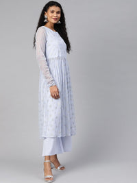 Thumbnail for Ahalyaa Women's Blue Net Silver Glitter Printed Kurta Palazzo Set - Distacart