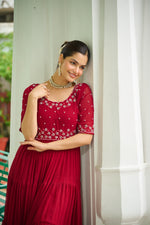 Thumbnail for Prazu Fashion Maroon Georgette Beads Embroidery-Work Designer Gown