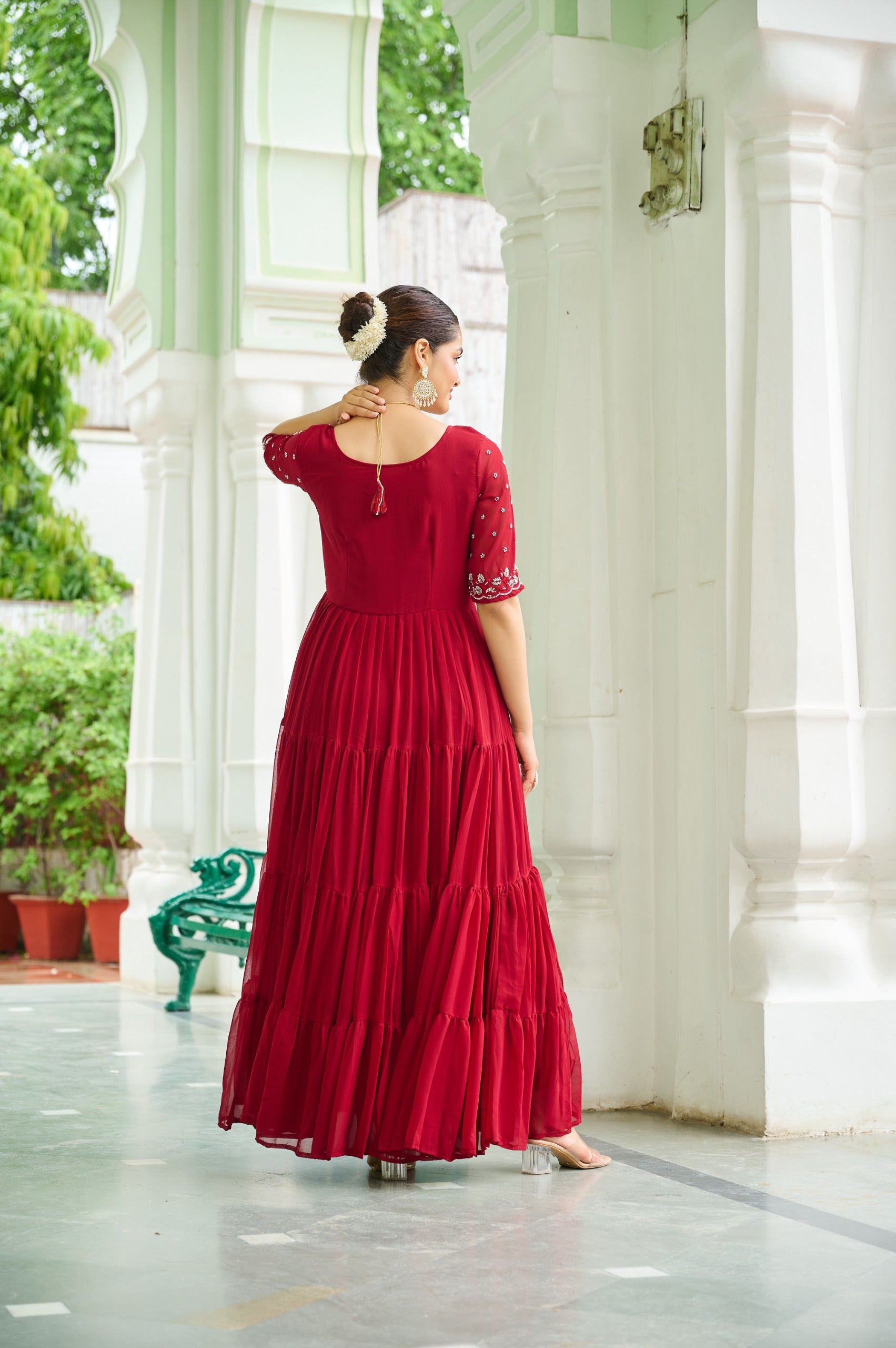Prazu Fashion Maroon Georgette Beads Embroidery-Work Designer Gown