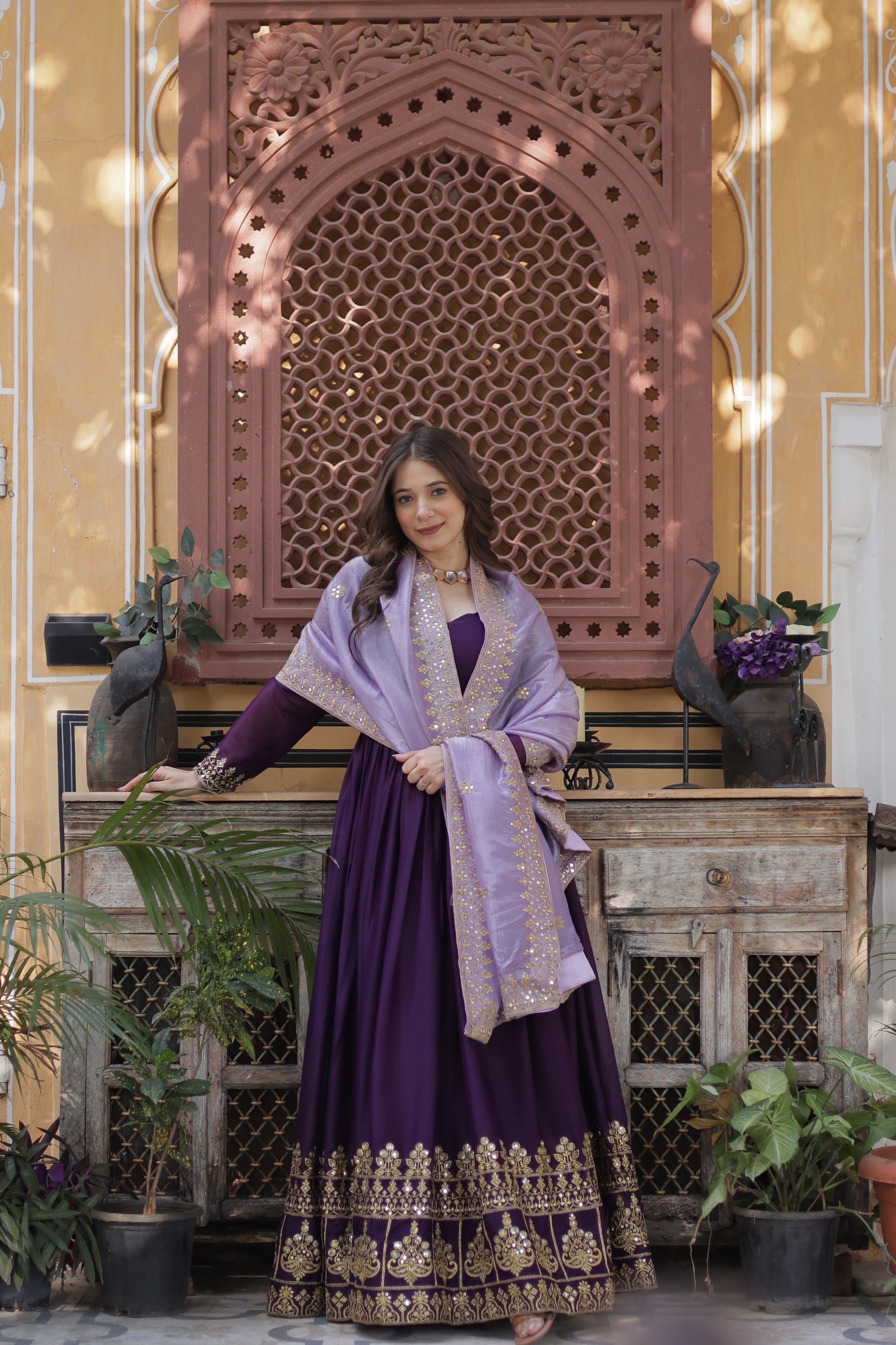 Prazu Fashion Violet Georgette Embroidery Sequins Gown With Dupatta