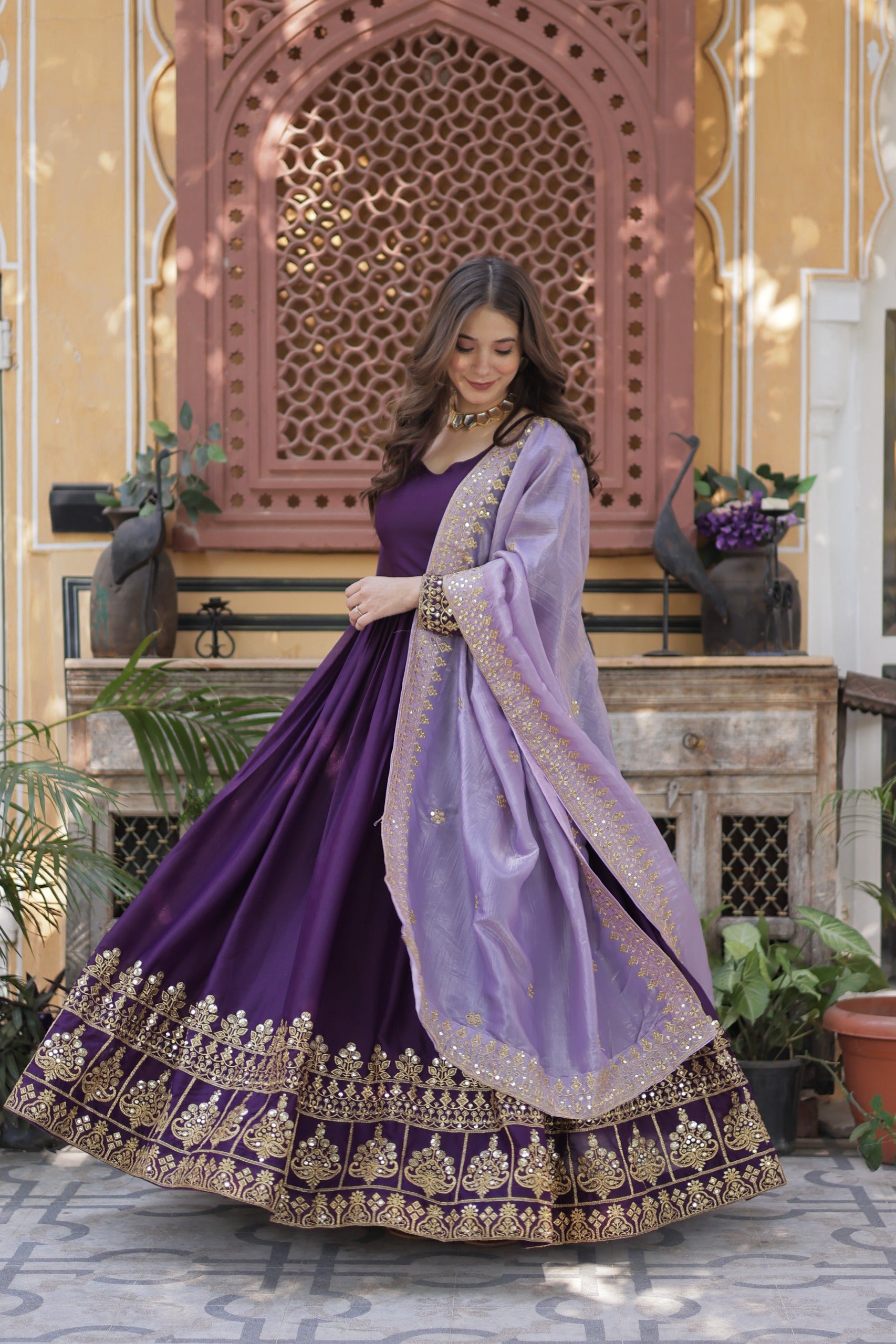 Prazu Fashion Violet Georgette Embroidery Sequins Gown With Dupatta
