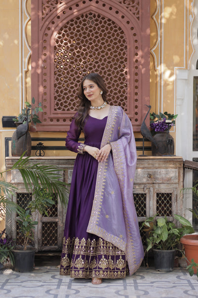 Prazu Fashion Violet Georgette Embroidery Sequins Gown With Dupatta