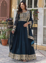 Thumbnail for Prazu Fashion Aqua Blue Georgette Embroidered Sequence Gown With Dupatta