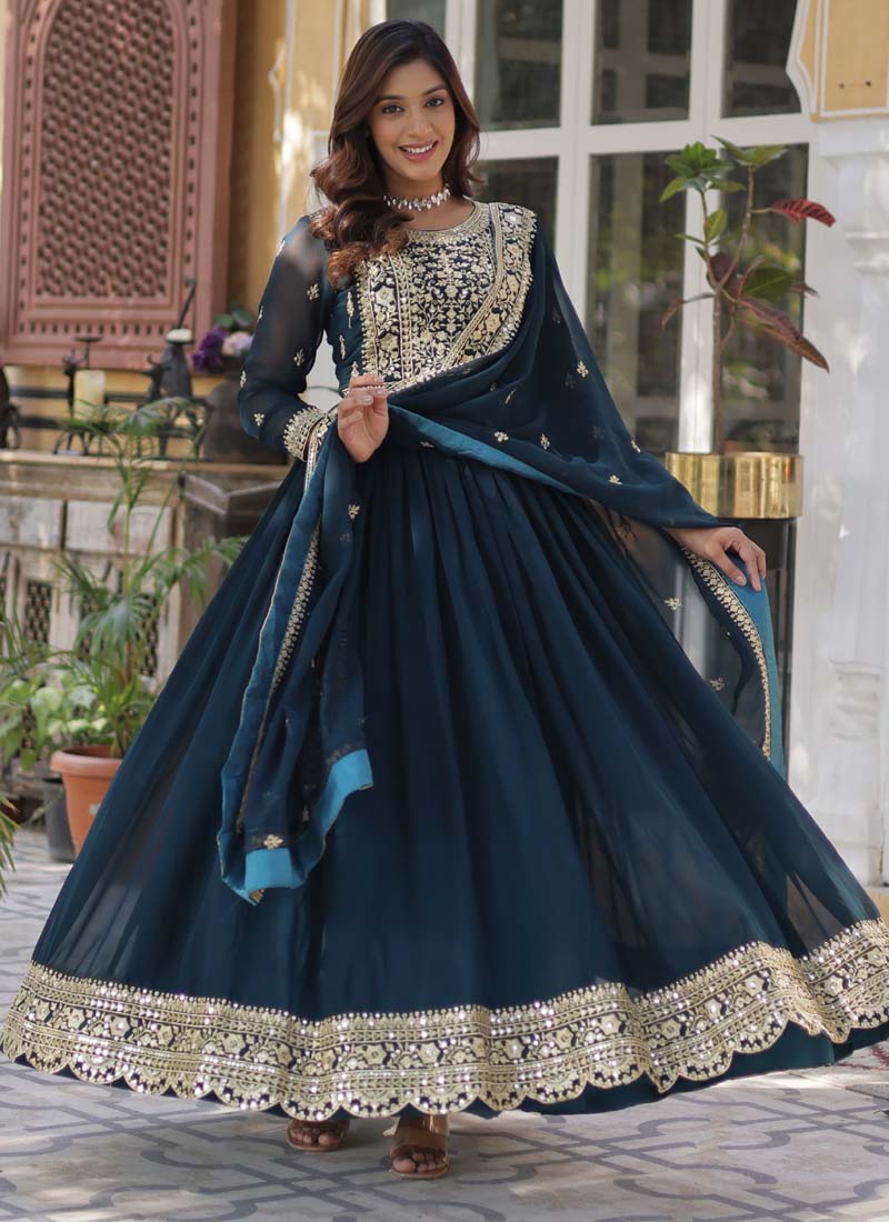 Prazu Fashion Aqua Blue Georgette Embroidered Sequence Gown With Dupatta