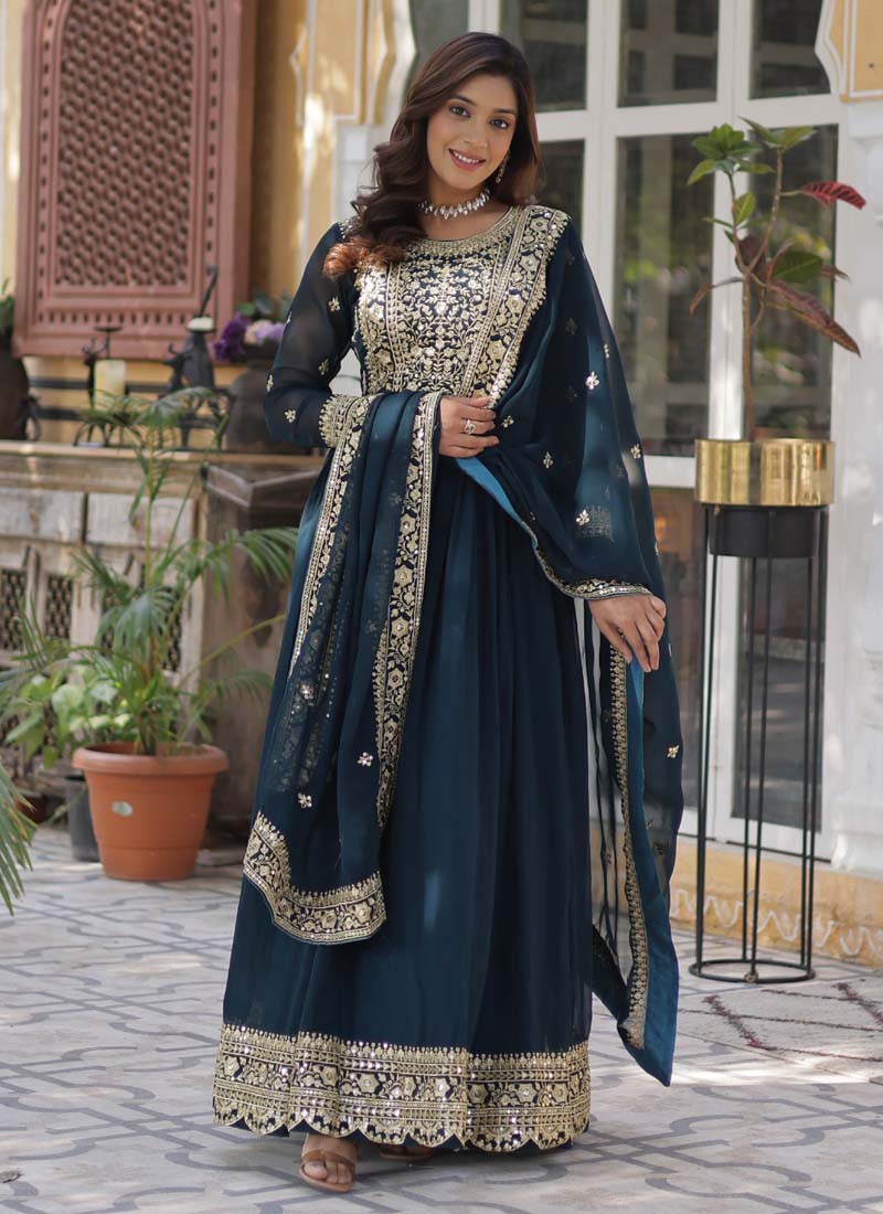 Prazu Fashion Aqua Blue Georgette Embroidered Sequence Gown With Dupatta