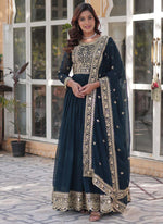 Thumbnail for Prazu Fashion Aqua Blue Georgette Embroidered Sequence Gown With Dupatta