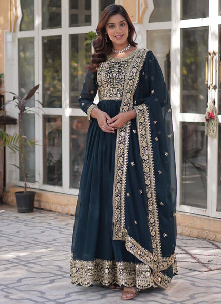 Prazu Fashion Aqua Blue Georgette Embroidered Sequence Gown With Dupatta