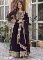 Thumbnail for Prazu Fashion Wine Georgette Embroidered Sequence Gown With Dupatta
