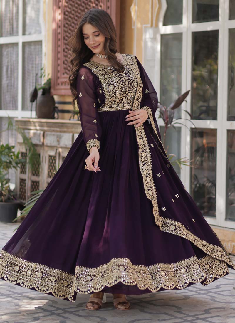Prazu Fashion Wine Georgette Embroidered Sequence Gown With Dupatta