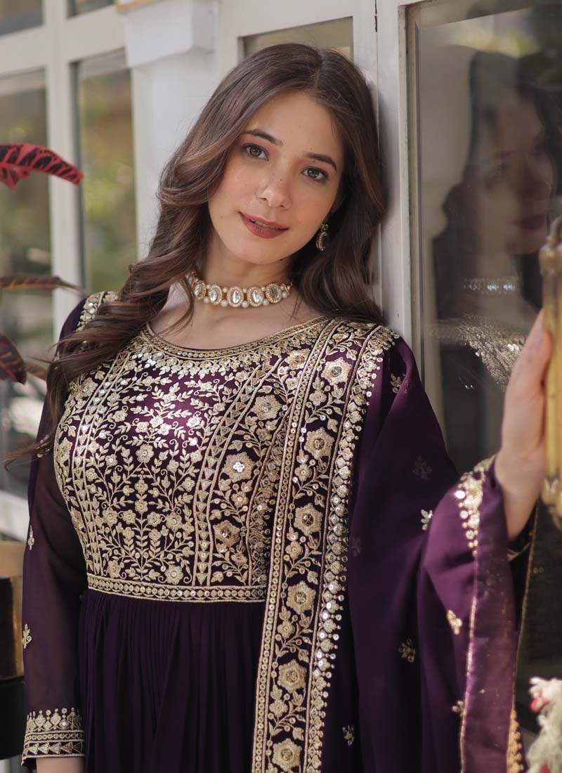 Prazu Fashion Wine Georgette Embroidered Sequence Gown With Dupatta