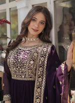 Thumbnail for Prazu Fashion Wine Georgette Embroidered Sequence Gown With Dupatta