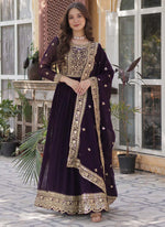 Thumbnail for Prazu Fashion Wine Georgette Embroidered Sequence Gown With Dupatta