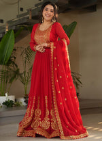 Thumbnail for Prazu Fashion Red Georgette Embroidered Gown With Dupatta