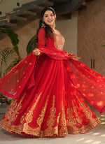 Thumbnail for Prazu Fashion Red Georgette Embroidered Gown With Dupatta