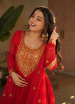 Thumbnail for Prazu Fashion Red Georgette Embroidered Gown With Dupatta