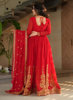 Thumbnail for Prazu Fashion Red Georgette Embroidered Gown With Dupatta