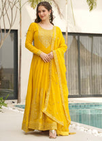 Thumbnail for Prazu Fashion Yellow Georgette Embroidered Gown With Dupatta