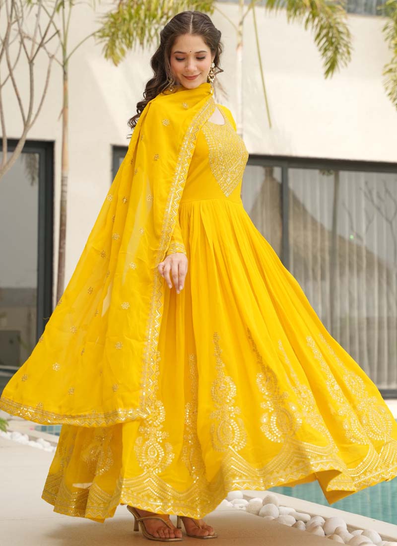 Prazu Fashion Yellow Georgette Embroidered Gown With Dupatta