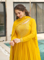 Thumbnail for Prazu Fashion Yellow Georgette Embroidered Gown With Dupatta