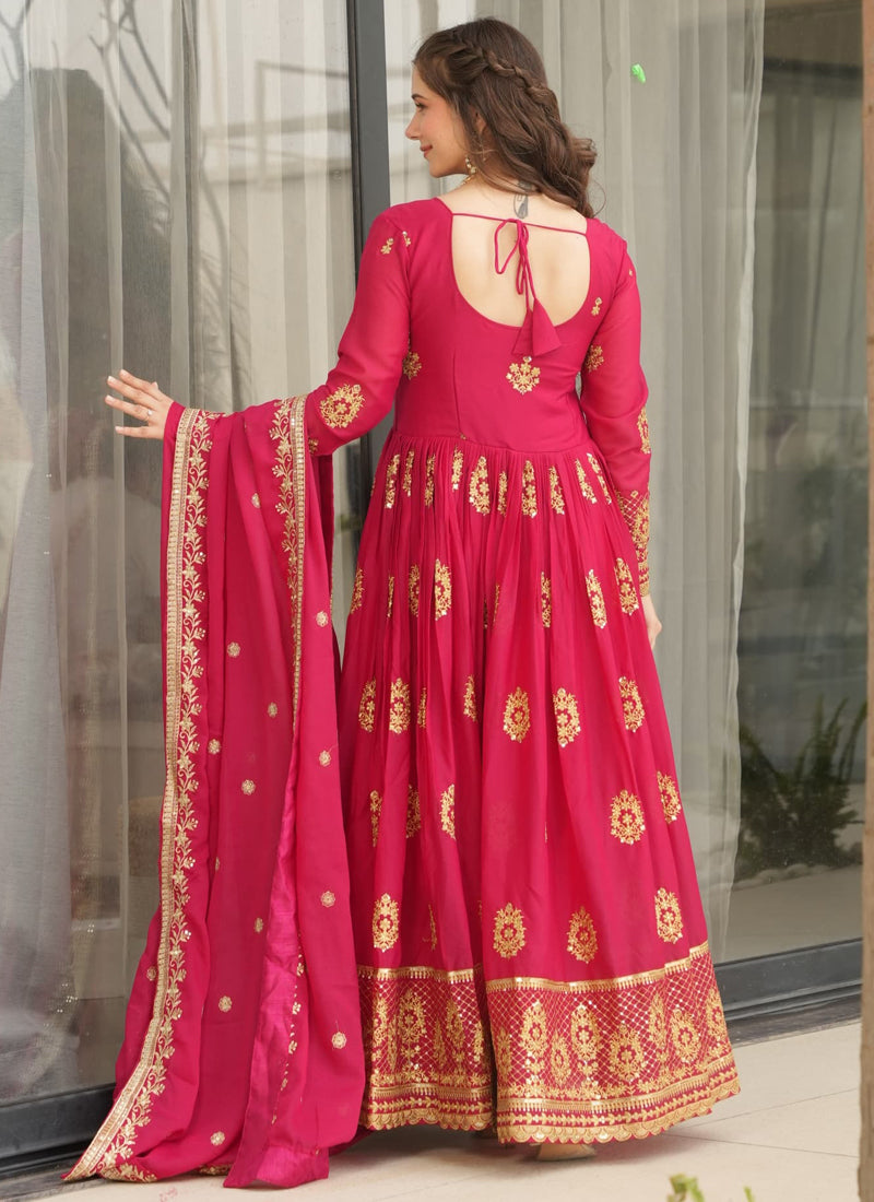 Prazu Fashion Red Georgette Embroidered Gown With Dupatta