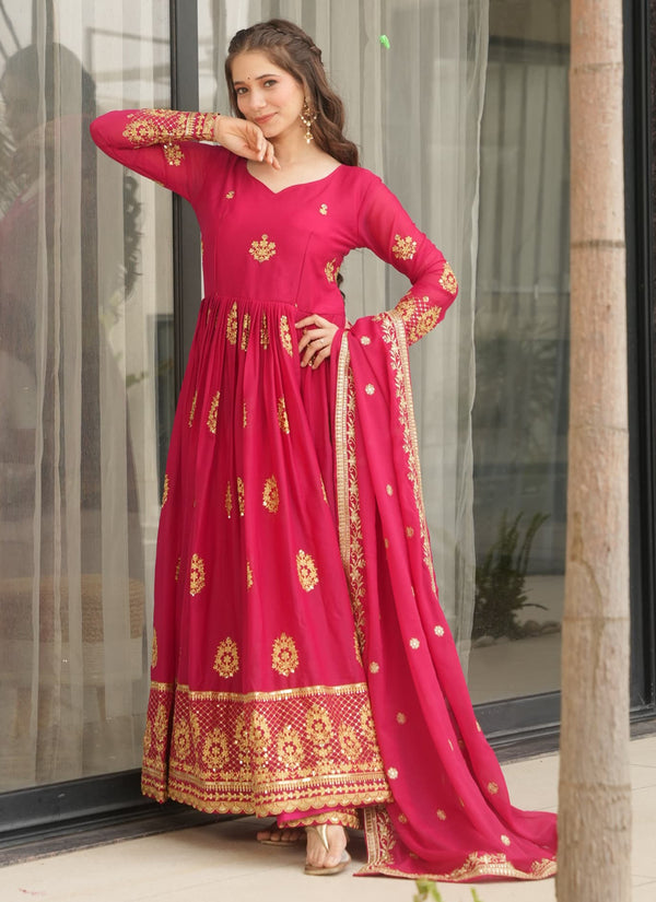 Prazu Fashion Red Georgette Embroidered Gown With Dupatta