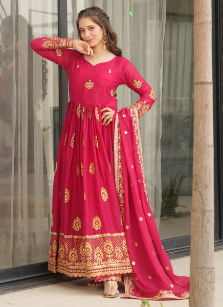 Prazu Fashion Red Georgette Embroidered Gown With Dupatta