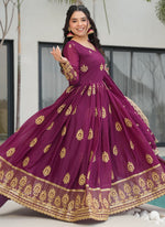 Thumbnail for Prazu Fashion Wine Georgette Embroidered Gown With Dupatta