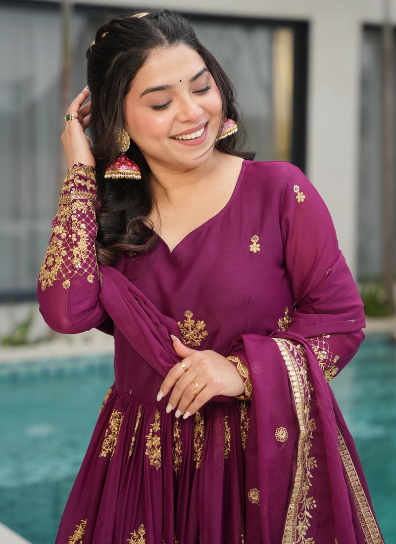 Prazu Fashion Wine Georgette Embroidered Gown With Dupatta