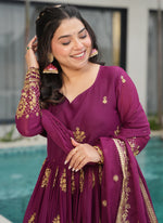 Thumbnail for Prazu Fashion Wine Georgette Embroidered Gown With Dupatta