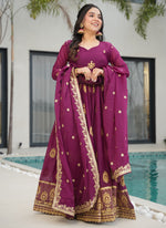 Thumbnail for Prazu Fashion Wine Georgette Embroidered Gown With Dupatta