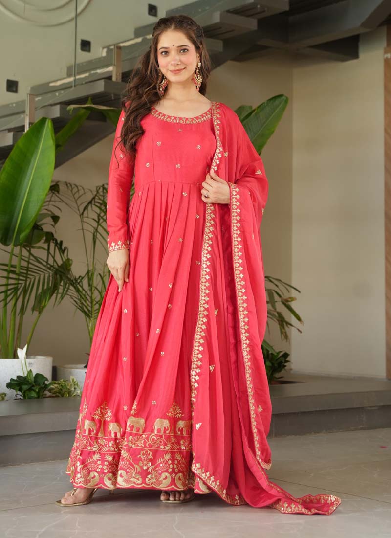Prazu Fashion Peach Red Chinon Silk Embroidered Sequence Gown With Dupatta