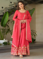 Thumbnail for Prazu Fashion Peach Red Chinon Silk Embroidered Sequence Gown With Dupatta