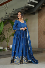 Thumbnail for Prazu Fashion Blue Chinon Silk Embroidered Zari Gown With Dupatta