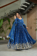 Thumbnail for Prazu Fashion Blue Chinon Silk Embroidered Zari Gown With Dupatta