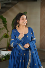 Thumbnail for Prazu Fashion Blue Chinon Silk Embroidered Zari Gown With Dupatta